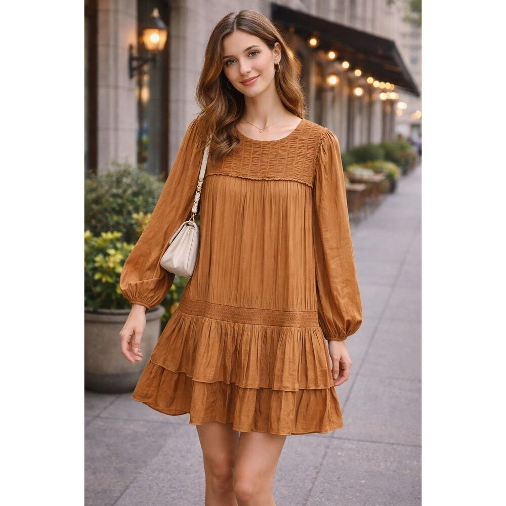 Mustard Seed Brown Smocked Tiered Mini Dress Size Medium